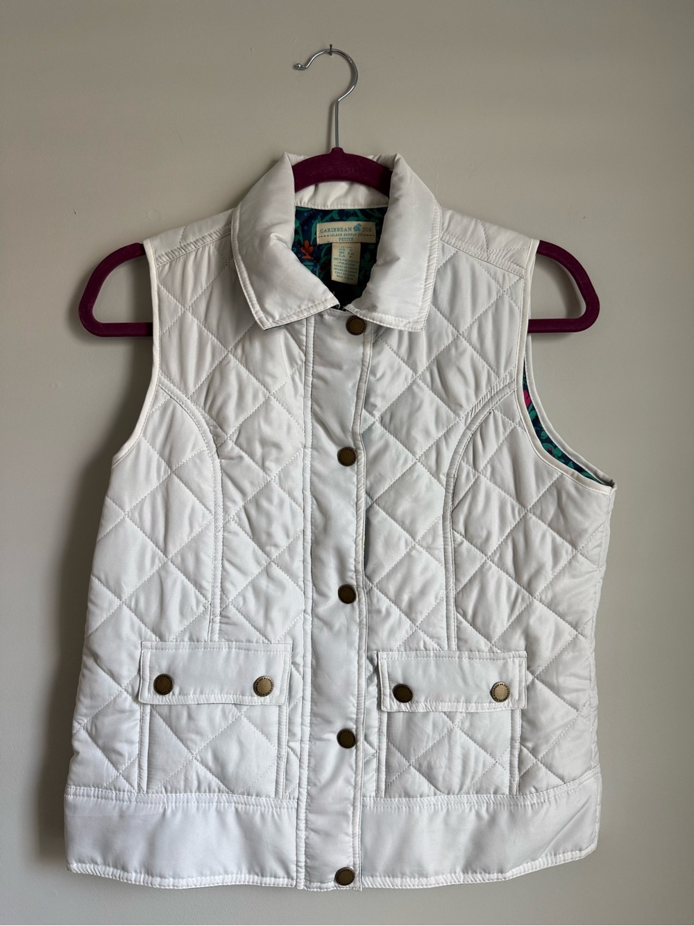 Caribbean Joe White Quilted Vest with Teal Floral Lining - Size S